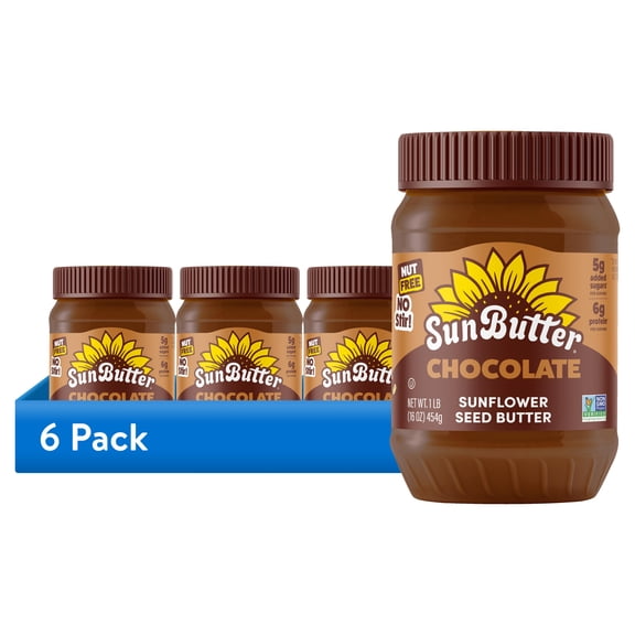 (6 pack) SunButter Chocolate Sunflower Seed Butter, Regular 16 oz Jar