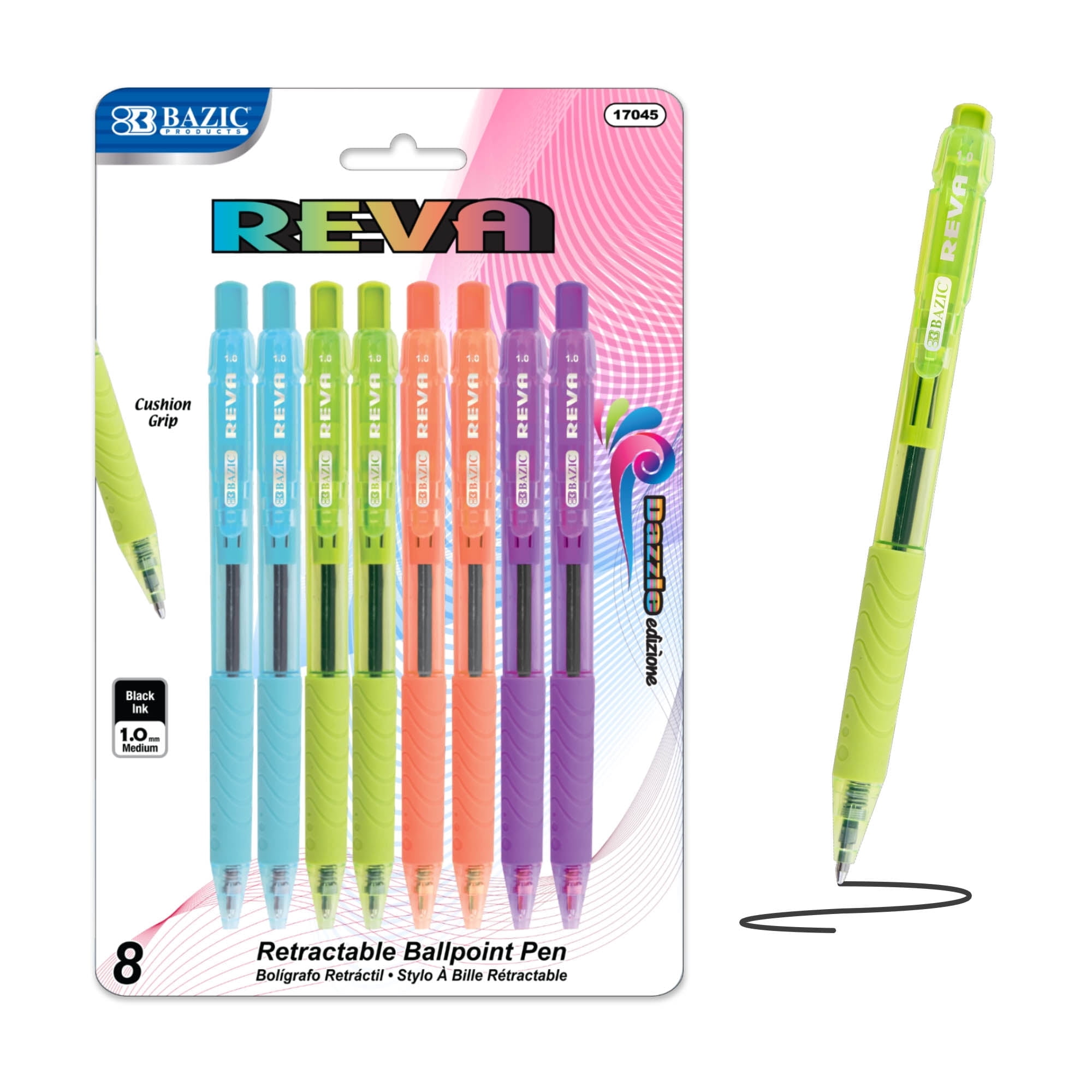 BAZIC Reva Ballpoint Pen Dazzle, Black Color Ink Retractable Pens Cushion Grip, 1.0 mm Medium Point (8/Pack), 1-Pack