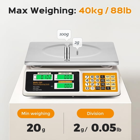 Price Computing Scale 88lb/40kg Commercial Food Weighing Scale with Stainless Steel Plate and Dual LCD Display for Retail Markets