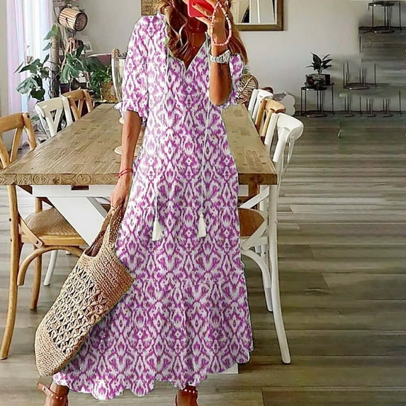 Price Drop! Kilaqueen Drawstring Maxi Dresses for Women Lightweight Bohemian V Neck Long Dresses Casual Half SLeeve Baggy Ruffle Flowy Summer Dresses