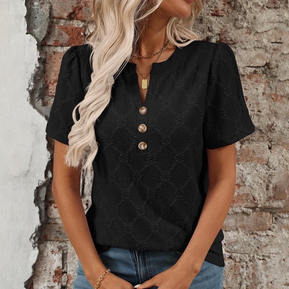 Price Drop! Luxalzxs Basic T-Shirts for Women Notch Neck Button Up Rib Embroidery Tunic Tops Summer Beach Casual Loose Breathable Short Sleeve Blouses