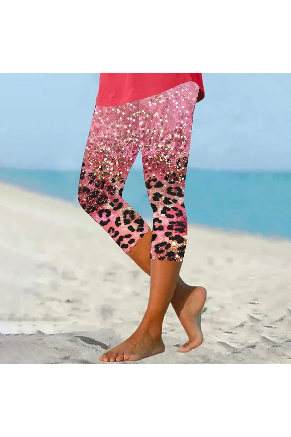 Price Drop! Luxalzxs Plus Size Pants for Women Glitter Sequin Leopard Printed Beach Pants Summer Trendy High Waist Tummy Control Lettuce Trim Yoga Capris