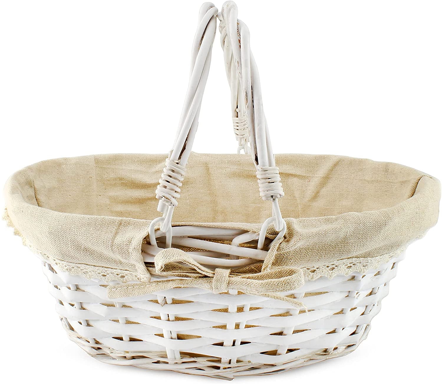 White Oval Wicker Basket with Beige Fabric Liner