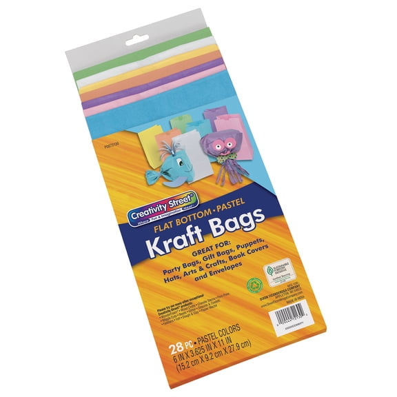 Creativity Street Kraft Bag, Assorted Pastel Colors, 6" x 3-5/8" x 11", 28 Bags