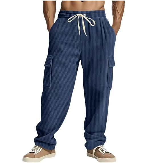 Cargo Pants for Men Solid Color Casual Elastic Waistband Drawstring Pocket Workwear