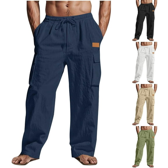 Cargo Pants for Men Solid Color Retro Multi Pocket Workwear Drawstring Casual