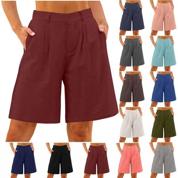 Summer Fashion Shorts for Women Cotton And Linen Solid Color Loose Straight Leg Pants With Pockets Side Slit Buttons