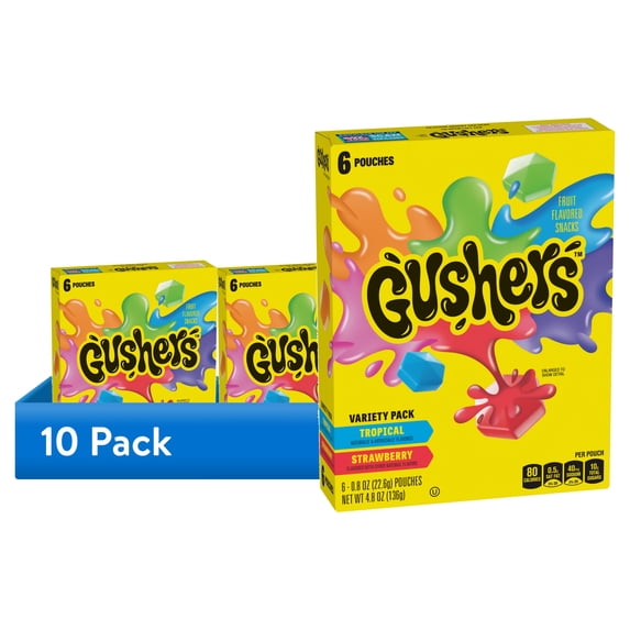 (10 pack) Gushers Fruit Flavored Snacks Variety Pack, Tropical and Strawberry Flavors, 6 Count, 4.8 oz