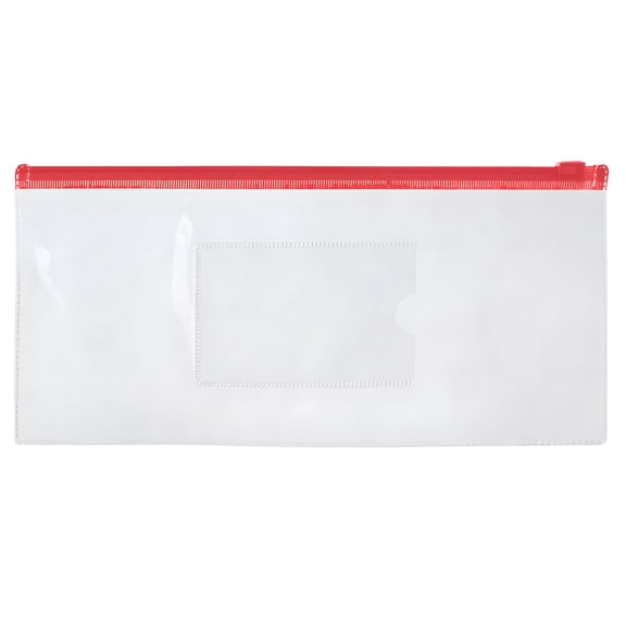 (Price/piece)Muka Clear Zipper Envelope File Folders, Transparent PVC Storage Bags with Label Pocket-Red