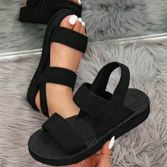 Womens Wedges Shoe Ankle Strap Summer Wide Fit Slippers Sports Elastic Bohemian Sandals Casual Boho Sliders Open Toe Rhinestone Slingback Comfort Breathable Shoes Black 6.5