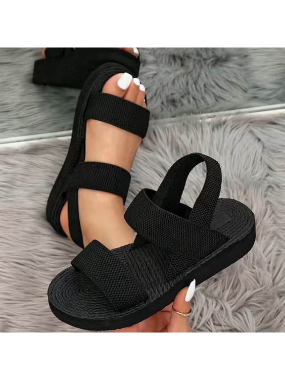 Womens Wedges Shoe Ankle Strap Summer Wide Fit Slippers Sports Elastic Bohemian Sandals Casual Boho Sliders Open Toe Rhinestone Slingback Comfort Breathable Shoes Black 6.5