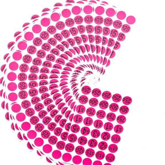 Priced Garage Sale Stickers, 1,000 Count Pre-Printed Labels, Pink