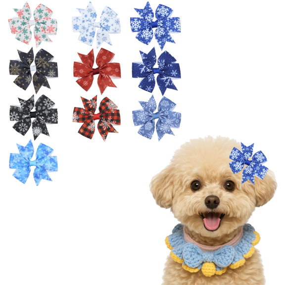 Prichor 10 Pack 3" Winter Small Dogs Hair Bows with French Clips Rhinestone Yorkie Barrette Clip Bowknot for Medium Dogs Puppy Pet Snowflake Topknot Cat Grooming Hair Accessories