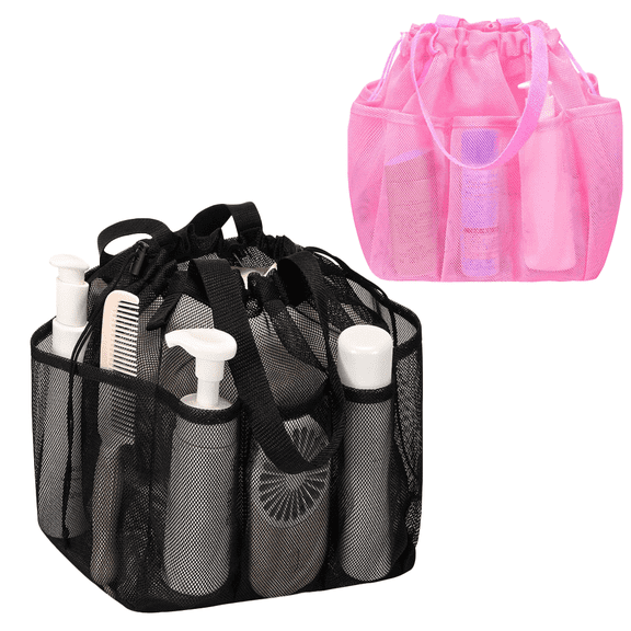 Prichor 17L Portable Shower Caddy with 6 Side Pockets Foldable Cleaning Supply Caddy with Handle Garden Tool Bag in 600D Oxford Fabric Picnics Pink + Black (Set of 2)
