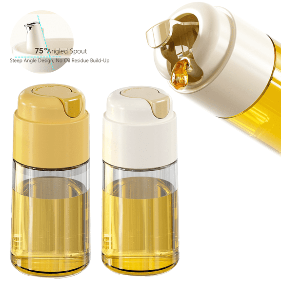 Prichor Gravity-Activated Auto-Open Oil Dispenser, 2-Pack 10oz Glass Cruet with No-Drip Spout, Leakproof Kitchen Oil Bottle for Cooking, Vinegar, Soy Sauce, White and Yellow