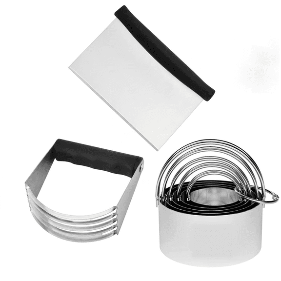 Prichor Stainless Steel Biscuit Cutter Set, Pastry Scraper and Dough Blender, Sturdy & Long-Lasting with Ergonomic Rubber Grip, Professional Baking Dough Tools, Gift Package (3 Pcs/Set)
