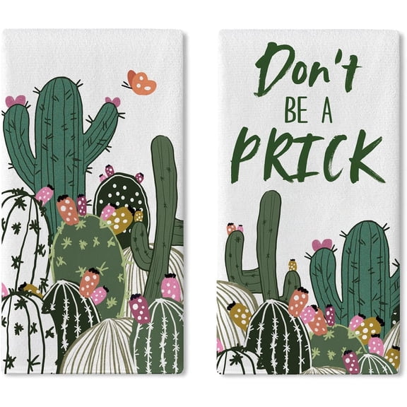 Don't Be a Prick Cactus Kitchen Dish Towels Set of 2, Cacti Tropical Plants Botanical Drying Hand Towel Baking Cooking Cloth, Spring Summer Butterfly Bathroom Home Decoration 18'' x 26''