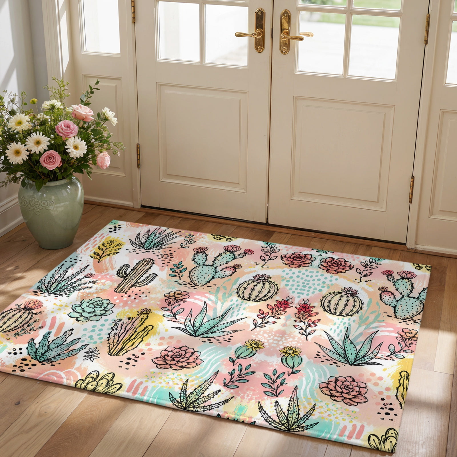 Prickly Pear Cactus Area Rug 2'x3', Non-Slip Washable Rectangle Door ...