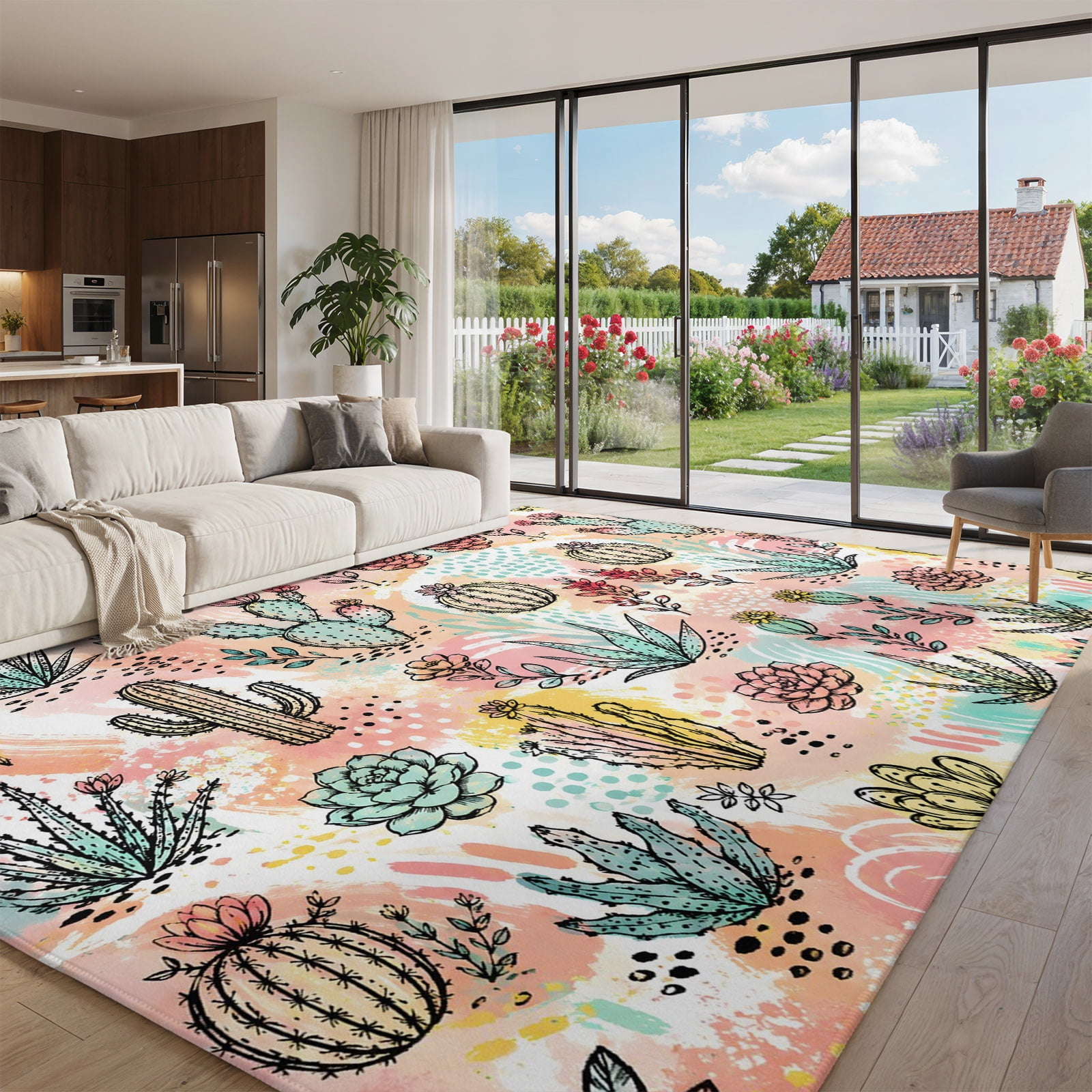 Prickly Pear Cactus Area Rug 5'x8', Non-Slip Washable Rectangle Large ...
