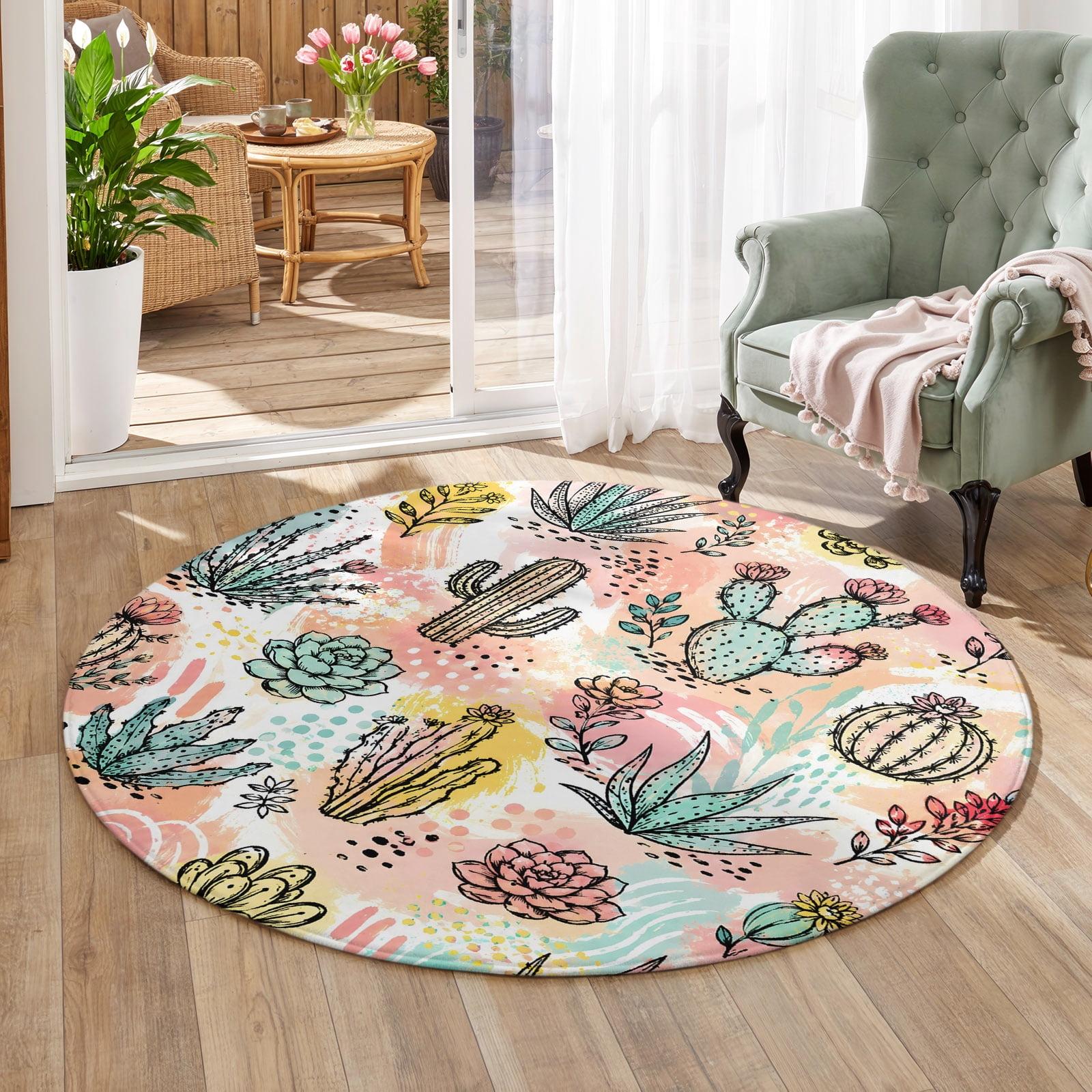 Prickly Pear Cactus Area Rug 8', Non-Slip Washable Round Indoor rug ...