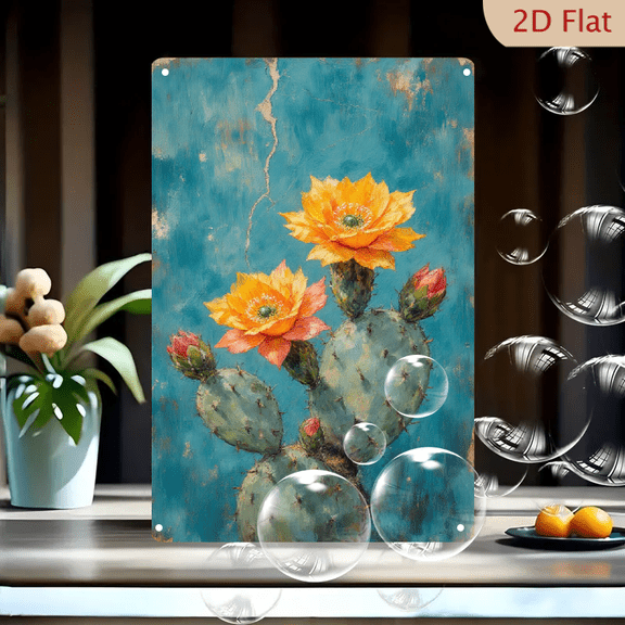 Prickly Pear Cactus in Bloom, 8x12 Inches Metal Wall Art, Vibrant Orange Flowers on Rustic Blue Teal Distressed Background, Modern Home Decor for Living Room or Office