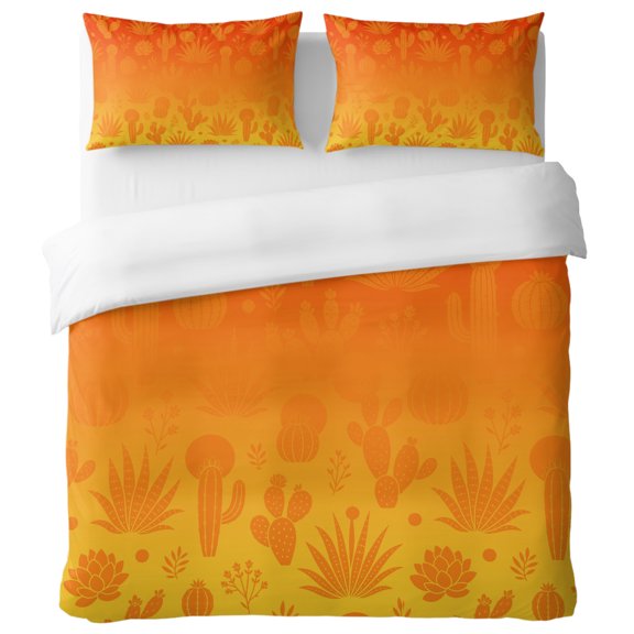 Prickly Pear Cactus Full Duvet Cover Set, Desert Summer Orange Blooming Wildflower Decorative 3 Piece Bedding Set with Zipper Closure Soft Breathable Microfiber Comforter Cover & 2 Pillowcases