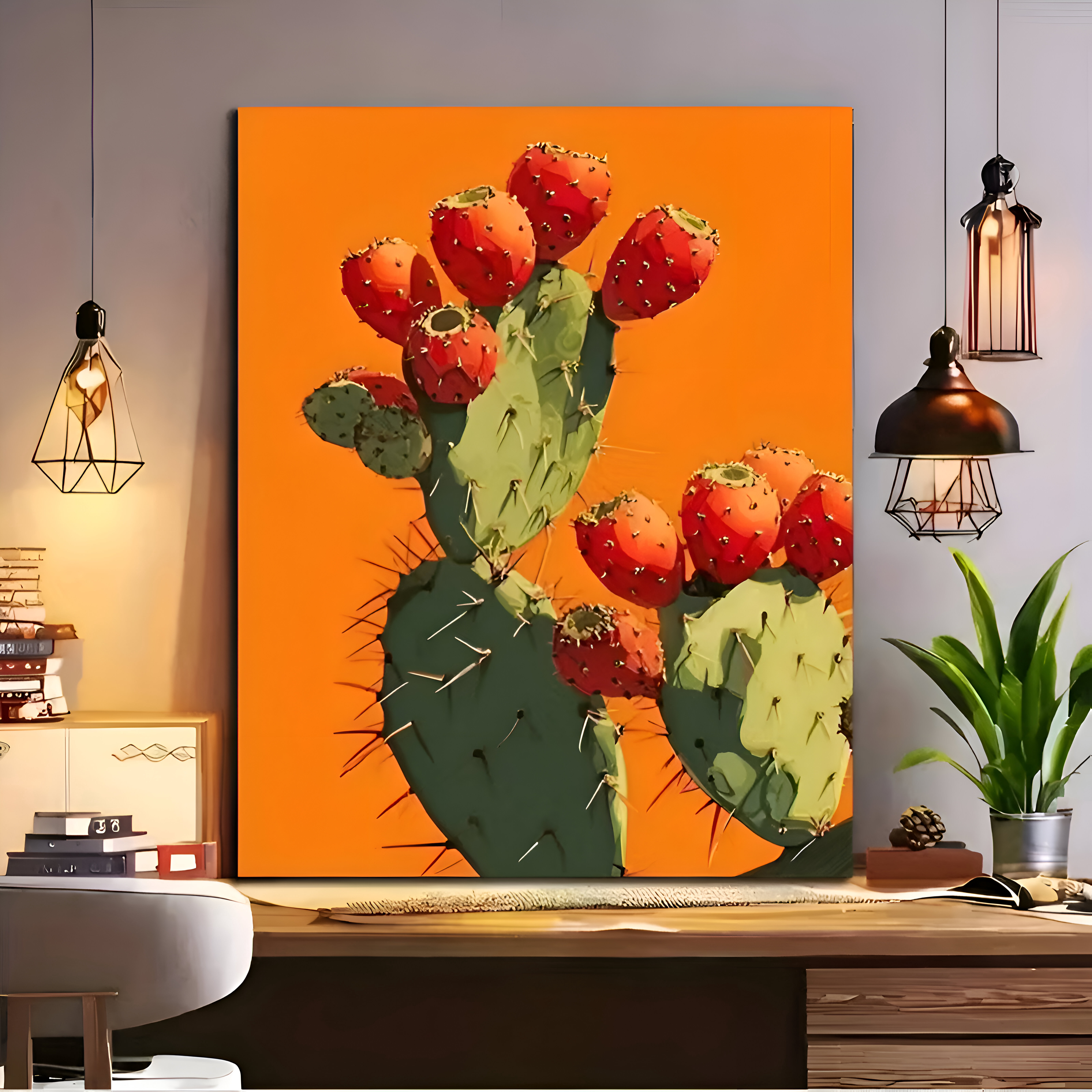 Prickly Pear Cactus Poster Modern Desert Plant Wall Art Orange ...