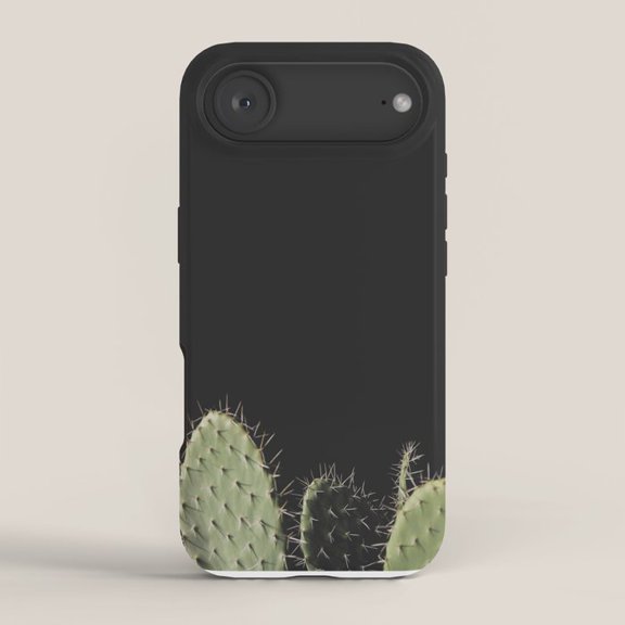 Prickly Pear Cactus in Sage Green on Black Tough Case for Apple iPhone 11-17 Series, Polycarbonate and TPU