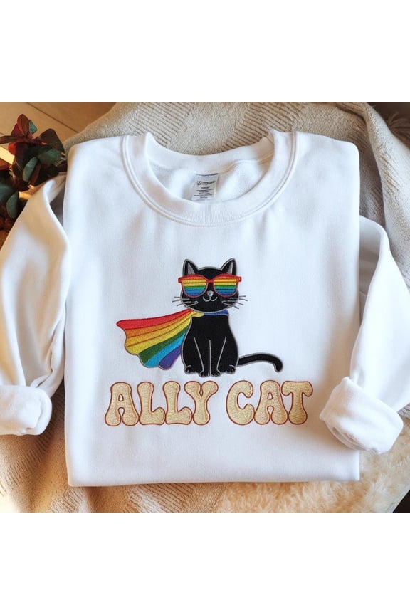 Pride Ally Cat Embroidered Sweatshirt, Rainbow Colors Cat Ally Shirt, Funny Pride Shirt, LGBTQ Shirt, Love Is Love Shirt, Pride Month Shirt