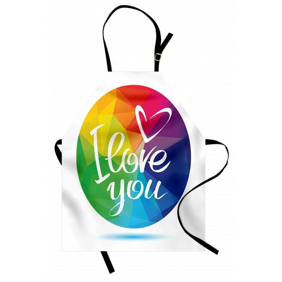 Pride Apron Rounded Polygonal Rainbow Colored Framework with I Love You Calligraphic Design, Unisex Kitchen Bib Apron with Adjustable Neck for Cooking Baking Gardening, Multicolor, by Ambesonne