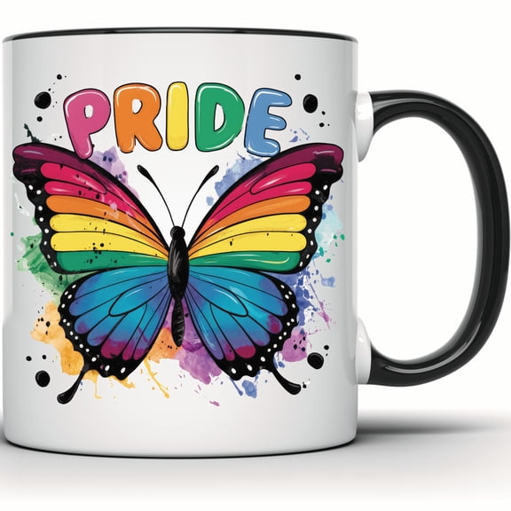 Pride Butterfly Mug - Rainbow LGBTQ Cup - Gay Lesbian Bisexual Transgender Pride Month Gift - 11 Ounce Black Rim Handle Novelty Coffee Cup - WMUG2006-BLK