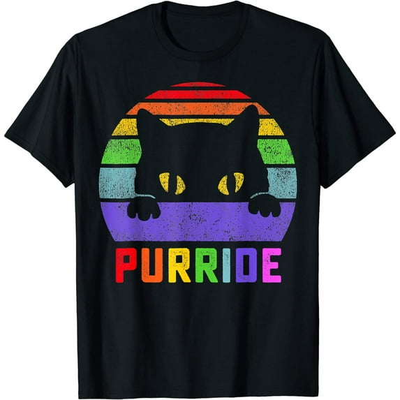 Pride Cat Purride Gay LGBTQ Rainbow Flag Retro Style T-Shirt