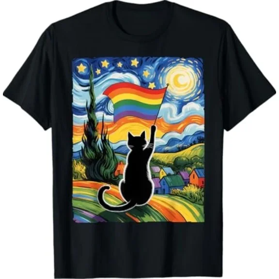 Pride Cat Starry Night Style Rainbow Support Art Unisex T-Shirt up to size 5XL