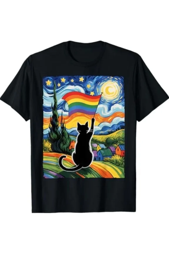 Pride Cat Starry Night Style Rainbow Support Art Unisex T-Shirt up to size 5XL