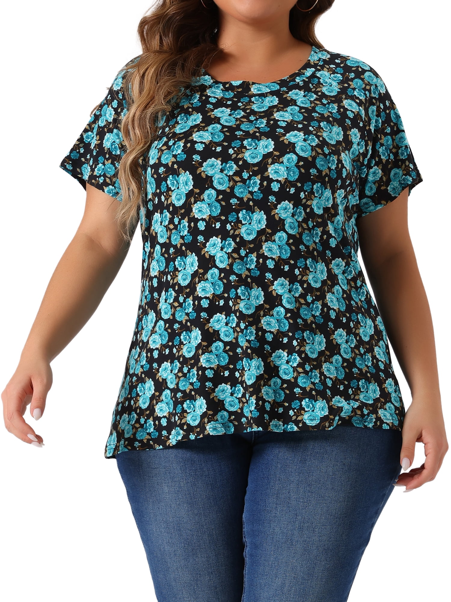Women's Plus Summer Casual Floral Top Blouse Round Neck Short Sleeve Tee 3X Blue