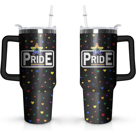 Pride Cup Gifts for Women Men, Rainbow Hearts Stainless Steel Insulated 40 Oz Tumblers with Handle and Straw, LGBT Pride Month Water Bottle Mug (1 PC)