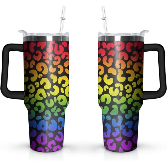Pride Cup Gifts for Women Men, Rainbow Leopard Stainless Steel Insulated 40 Oz Tumblers with Handle and Straw, LGBT Pride Month Water Bottle Mug (1 PC)
