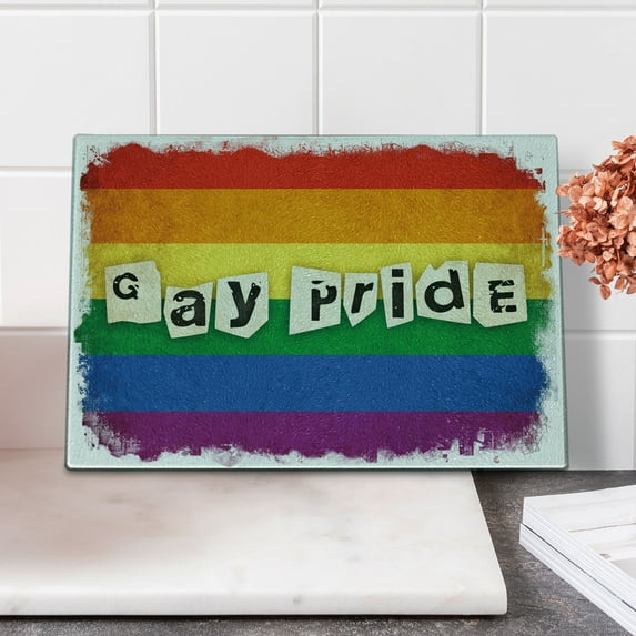 Pride Cutting Board, Dated Aged Iconic Rainbow Flag with Gay Pride Typography Retro LGBT Parade Theme, Decorative Tempered Glass Cutting and Serving Board, Small Size, Multicolor, by Ambesonne