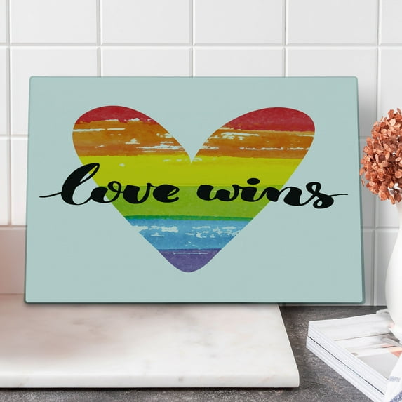Pride Cutting Board, Hand Lettering on Watercolor Heart of Gay Marriage Inspirational, Decorative Tempered Glass Cutting and Serving Board, Large Size, Multicolor, by Ambesonne