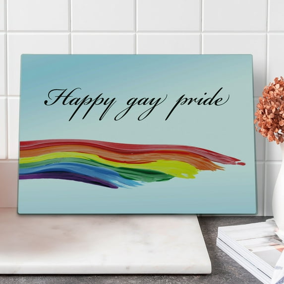 Pride Cutting Board, Happy Gay Pride with Hand Writing Celebration Theme LGBT Colored Paint Image Print, Decorative Tempered Glass Cutting and Serving Board, Large Size, Multicolor, by Ambesonne