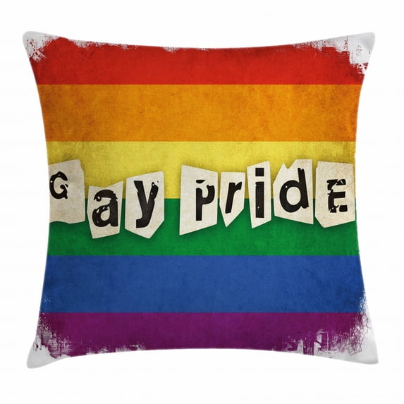 Pride Decorations Throw Pillow Cushion Cover, Dated Aged Rainbow Flag with Gay Pride Typography Retro LGBT Parade Theme, Decorative Square Accent Pillow Case, 16 X 16 Inches, Multicolor, by Ambesonne