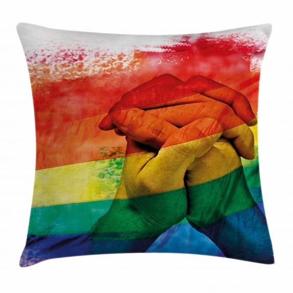 Pride Decorations Throw Pillow Cushion Cover, Hands of Young Men Put Together on Abstract LGBT Parade Flag Love Wins, Decorative Square Accent Pillow Case, 20 X 20 Inches, Multicolor, by Ambesonne
