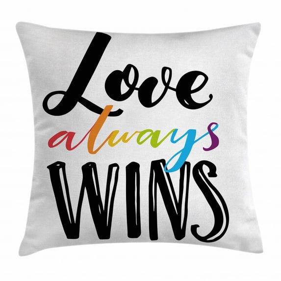 Pride Decorations Throw Pillow Cushion Cover, Love Always Wins Romantic Saying with Rainbow Colored Hand Drawn Letters, Decorative Square Accent Pillow Case, 24 X 24 Inches, Multicolor, by Ambesonne