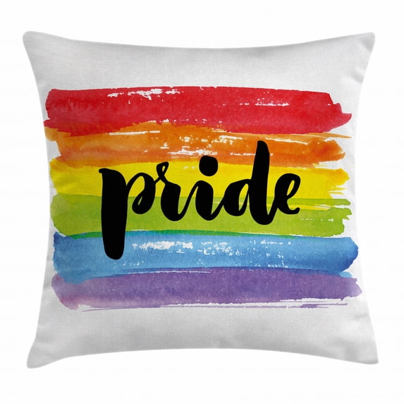 Pride Decorations Throw Pillow Cushion Cover, Watercolor Art Rainbow Brush Strokes Symbol of Gay Pride Hand Writing, Decorative Square Accent Pillow Case, 24 X 24 Inches, Multicolor, by Ambesonne