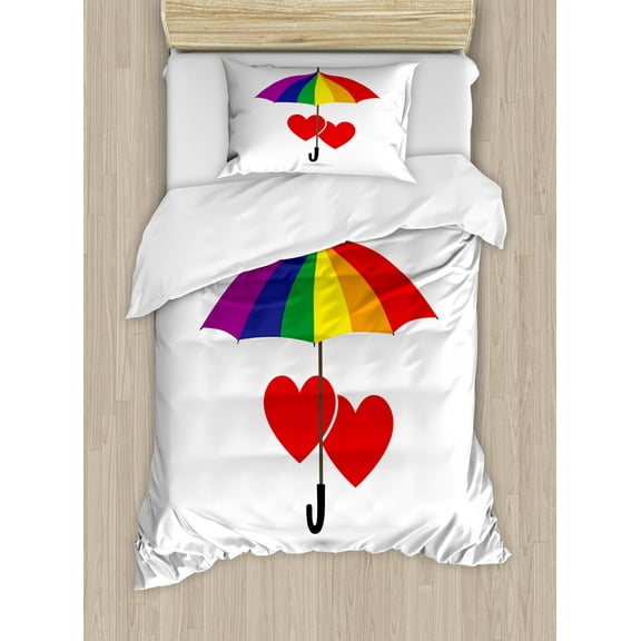 Pride Duvet Cover Set, Heart Signs over Rainbow Umbrella Romantic LGBT Love Valentine's Day Couples, Decorative 2 Piece Bedding Set with 1 Pillow Shams, Twin Size, Multicolor, by Ambesonne