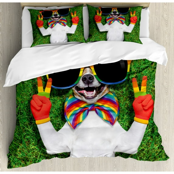 Pride Duvet Cover Set King Size, Funny Face Gay Dog Lying on Green Grass with Peace Signs and Giant Sunglasses Humor, Decorative 3 Piece Bedding Set with 2 Pillow Shams, Multicolor, by Ambesonne