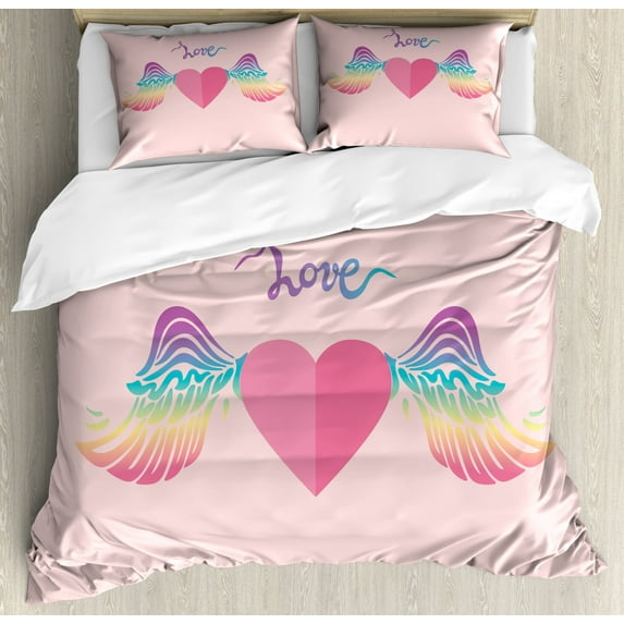 Pride Duvet Cover Set King Size, Love Typography Heart with Wings in Rainbow Colors Cute Illustration LGBT Community, Decorative 3 Piece Bedding Set with 2 Pillow Shams, Multicolor, by Ambesonne
