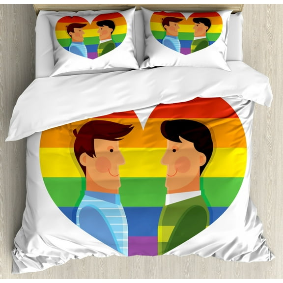 Pride Duvet Cover Set King Size, Two Men Smiling Each Other Gay Pride Flag LGBT Rainbow Diversity Homosexual Society, Decorative 3 Piece Bedding Set with 2 Pillow Shams, Multicolor, by Ambesonne