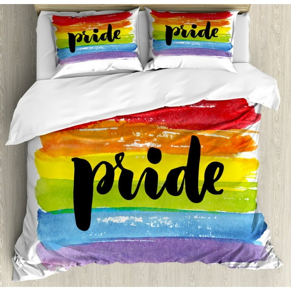 Pride Duvet Cover Set King Size, Watercolor Artwork with Rainbow Brush Strokes Symbol of Gay Pride Hand Writing Print, Decorative 3 Piece Bedding Set with 2 Pillow Shams, Multicolor, by Ambesonne