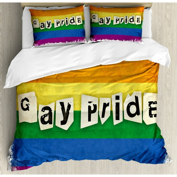 Pride Duvet Cover Set Queen Size, Dated Aged Iconic Rainbow Flag with Gay Pride Typography Retro LGBT Parade Theme, Decorative 3 Piece Bedding Set with 2 Pillow Shams, Multicolor, by Ambesonne